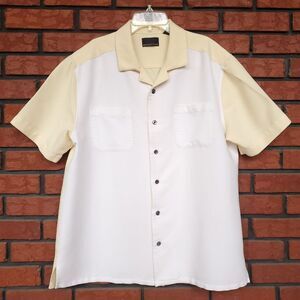 Manhattan Colorblock Shirt Mens L Yellow White Bowling Rockabilly Retro Pockets